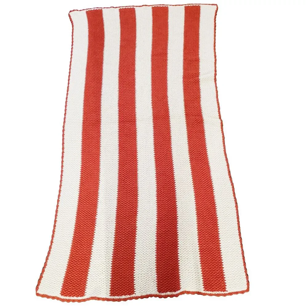 Vintage Afghan Throw Blanket Orange White Striped Fall Halloween MCM